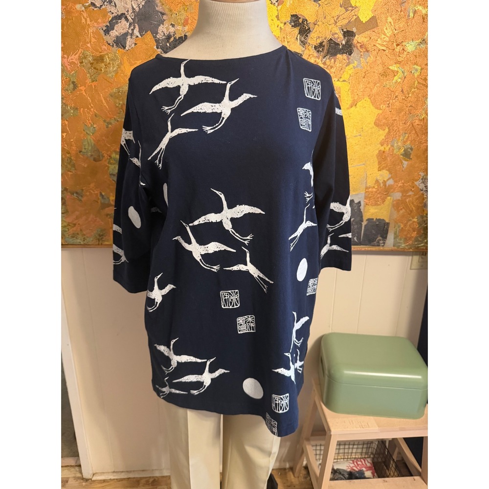 M.Mac Navy Blue Crane Moon Print Cotton Tunic Top Asian Inspired USA Made M